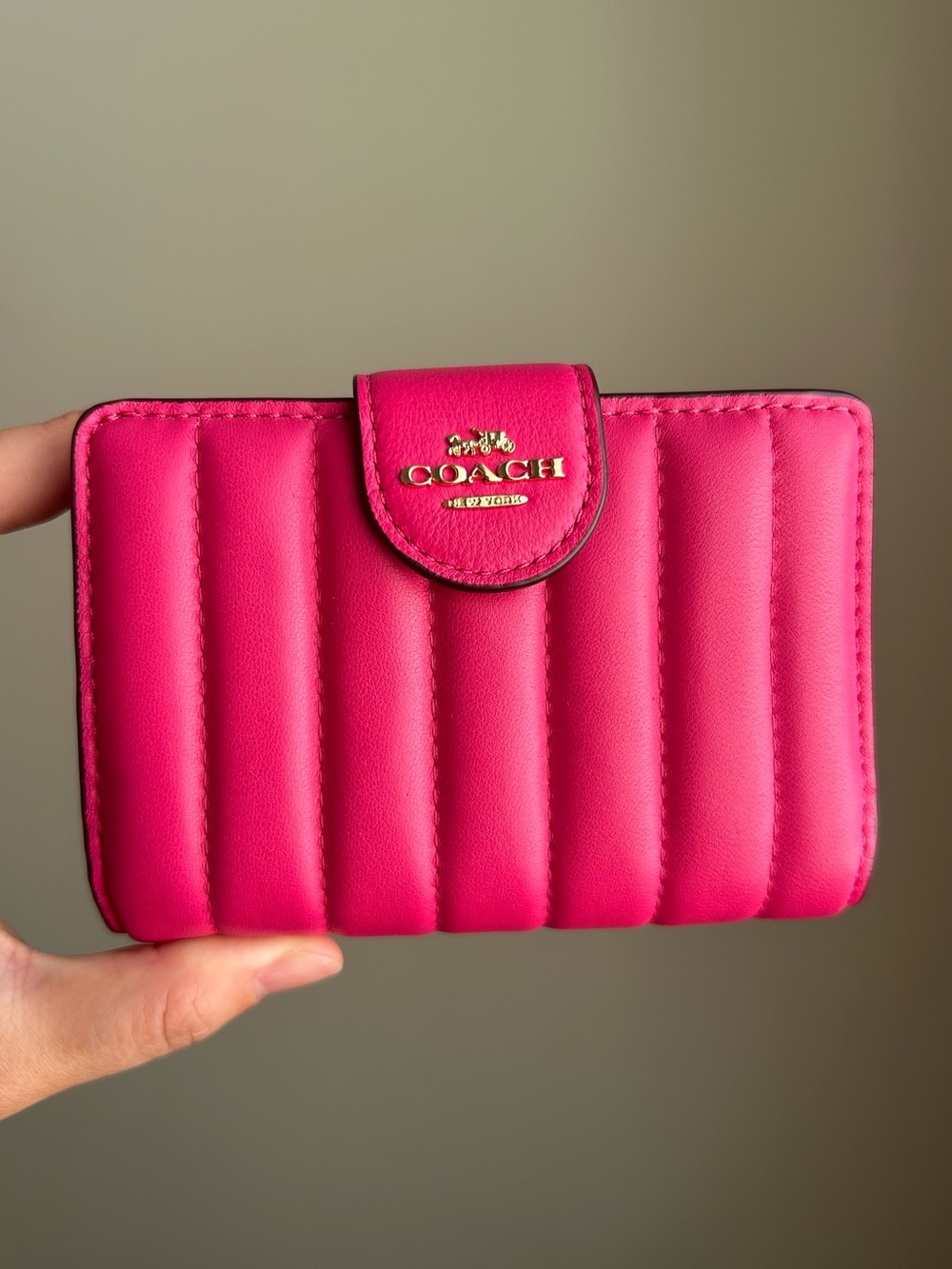 NWOT Coach Medium Corner Zip Wallet with Quilting, Bold Pink/Gold